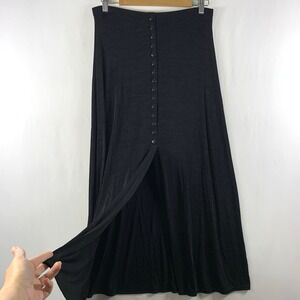 VTG 90s Womens Button Front Grunge Maxi Skirt Size L Black Slinky Stretch USA